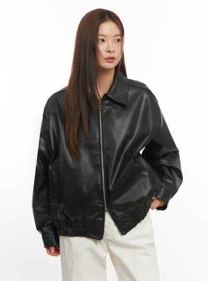 Faux Leather Zip-Up Bomber Jacket IM513