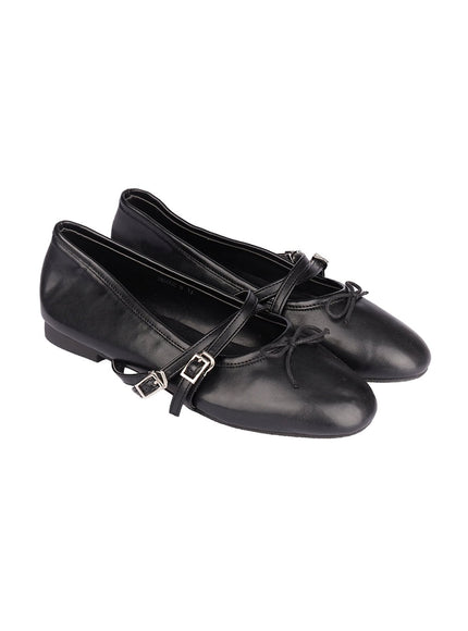 Double Buckle Faux Leather Flats IM513