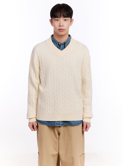 Men's Cable Knit V-Neck Sweater IM512