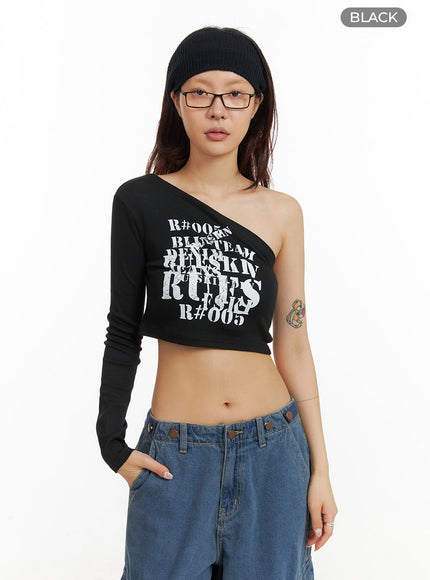 graphic-one-shoulder-slim-fit-crop-tee-iy410 / Black