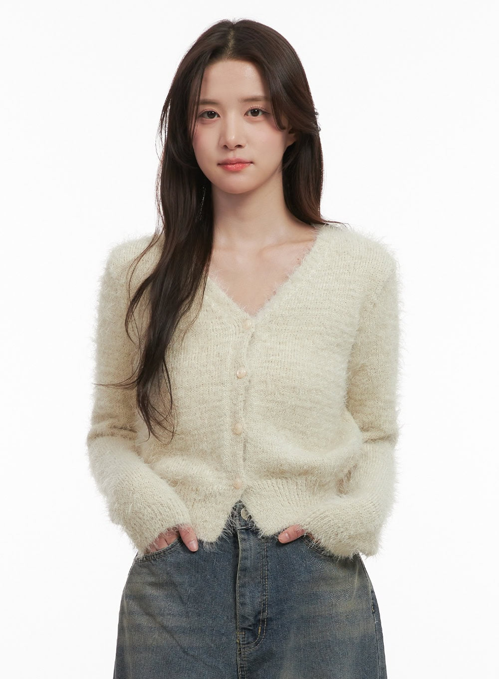 Fuzzy V-Neck Buttoned Crop Cardigan IJ510