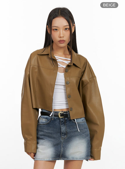 buttoned-faux-leather-cropped-jacket-is427 / Beige