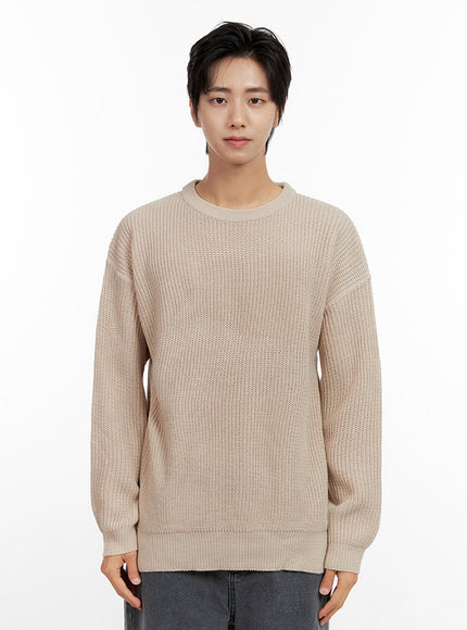 mens-solid-round-neck-sweater-in411 / Beige