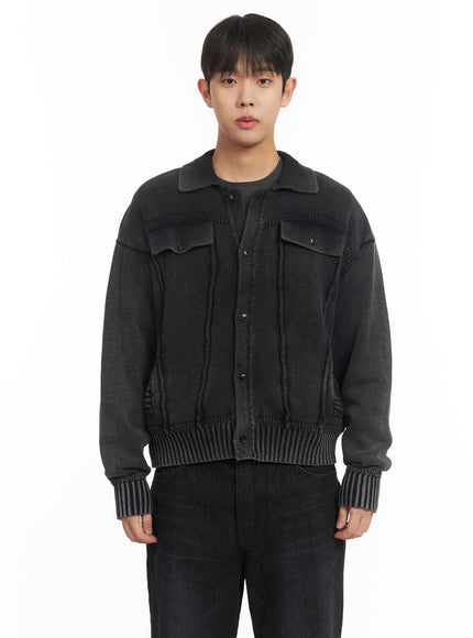 mens-stitched-pockets-collared-cardigan-im514 / Black