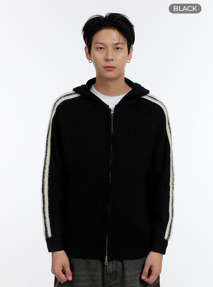 mens-striped-double-zipper-knit-hoodie-io428 / Black