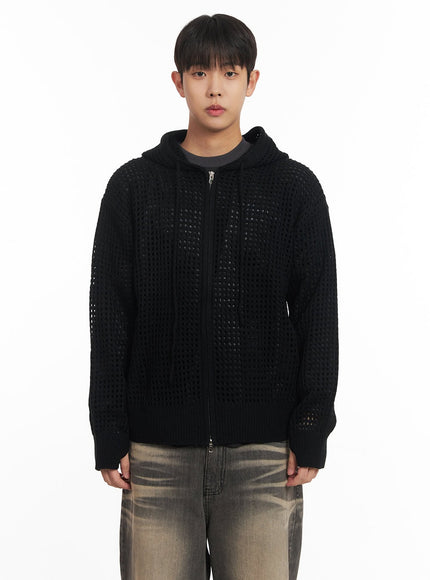 mens-mesh-knit-hooded-zip-up-jacket-im514 / Black