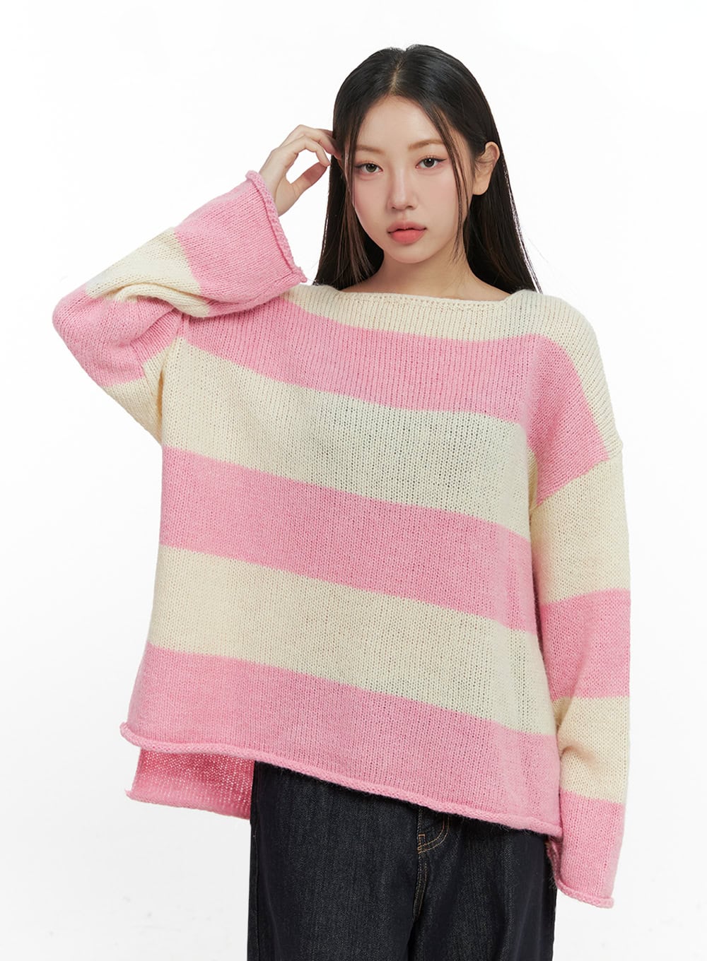 oversize-stripe-wool-sweater-in415 / Pink