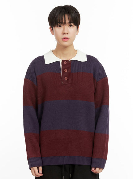 mens-stripe-buttoned-collar-sweater-ij517 / Purple