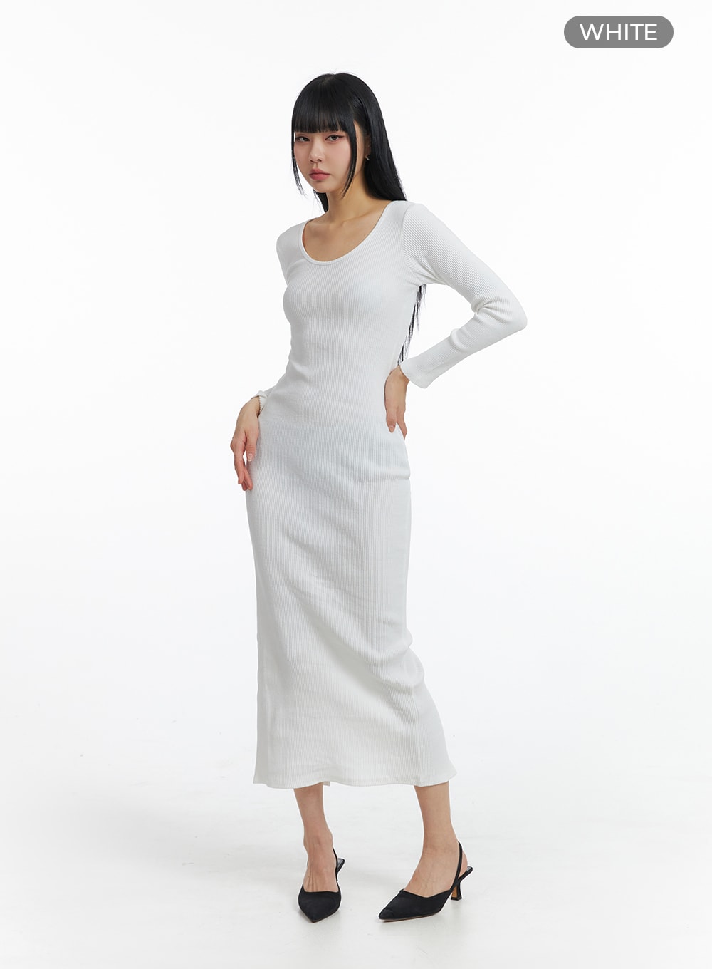 basic-round-neck-long-sleeve-maxi-dress-im414 / White