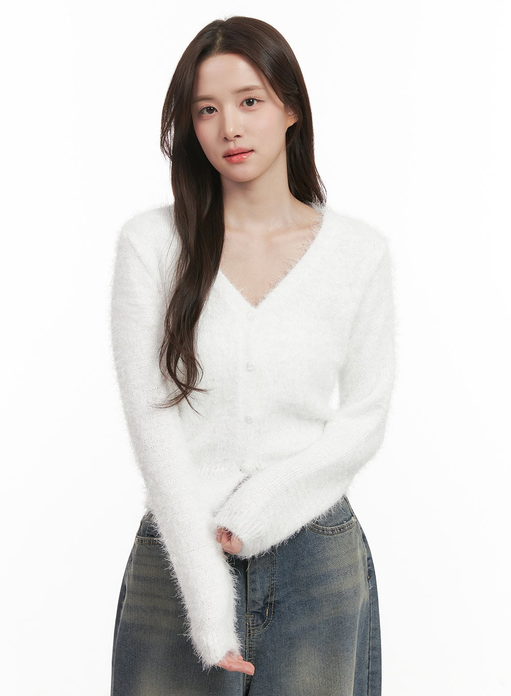 Fuzzy V-Neck Buttoned Crop Cardigan IJ510