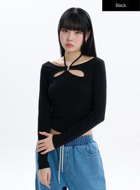 halter-cut-out-crop-long-sleeve-if413 / Black