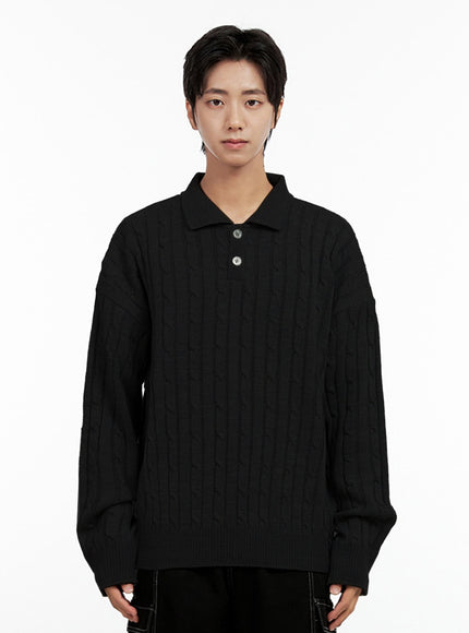 mens-cable-knit-buttoned-sweater-in411 / Black