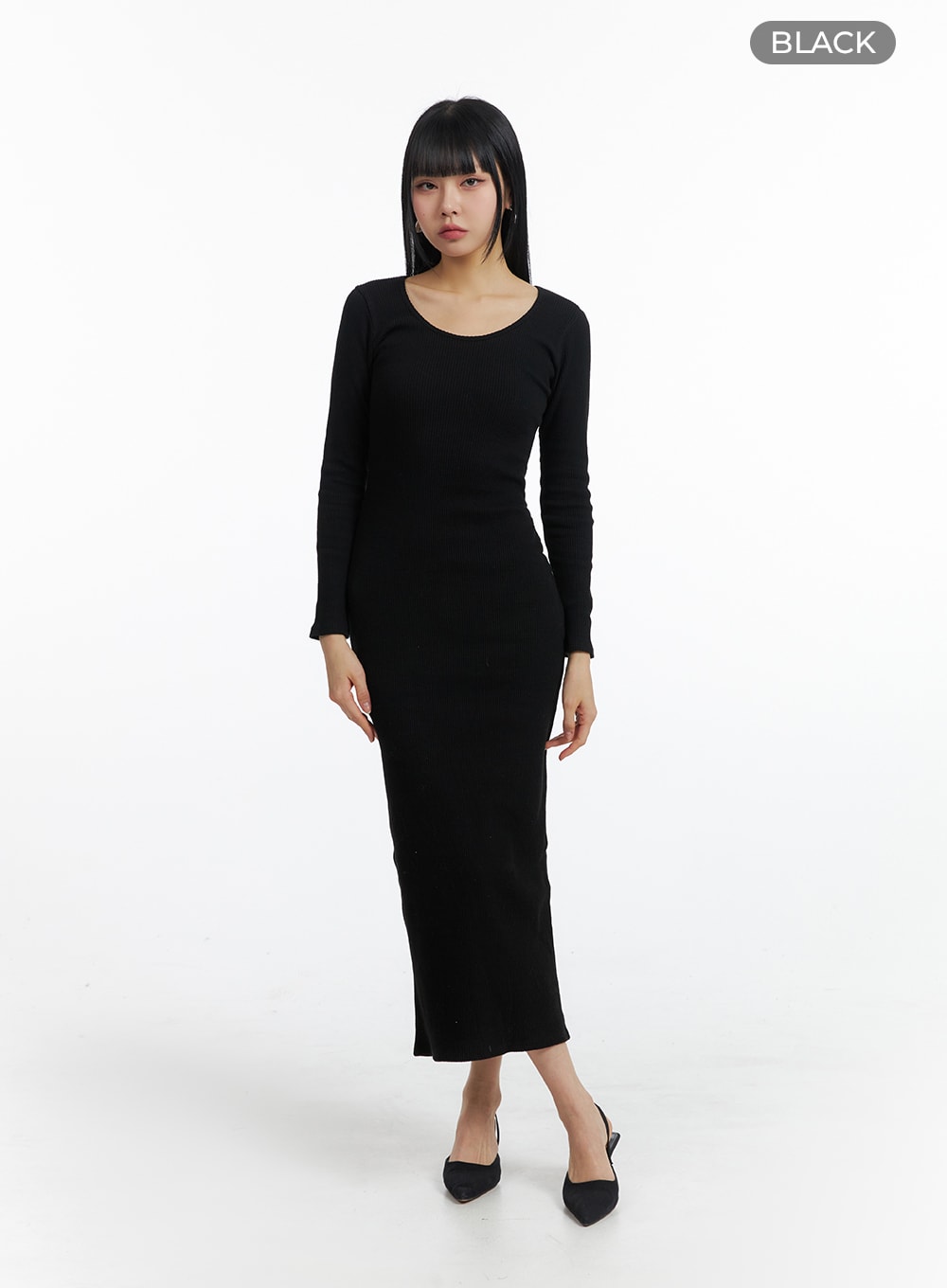 basic-round-neck-long-sleeve-maxi-dress-im414 / Black