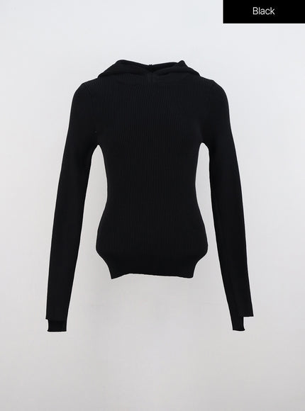 slim-fit-knit-hoodie-top-in330 / Black