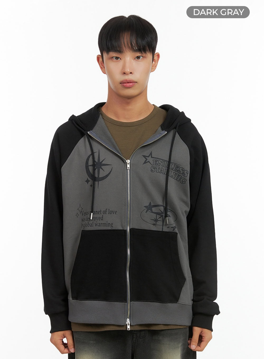 mens-mixed-color-graphic-zip-up-cotton-hoodie-is420 / Dark gray