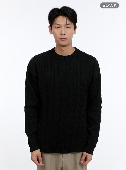 mens-cable-knit-round-neck-sweater-ig428 / Black