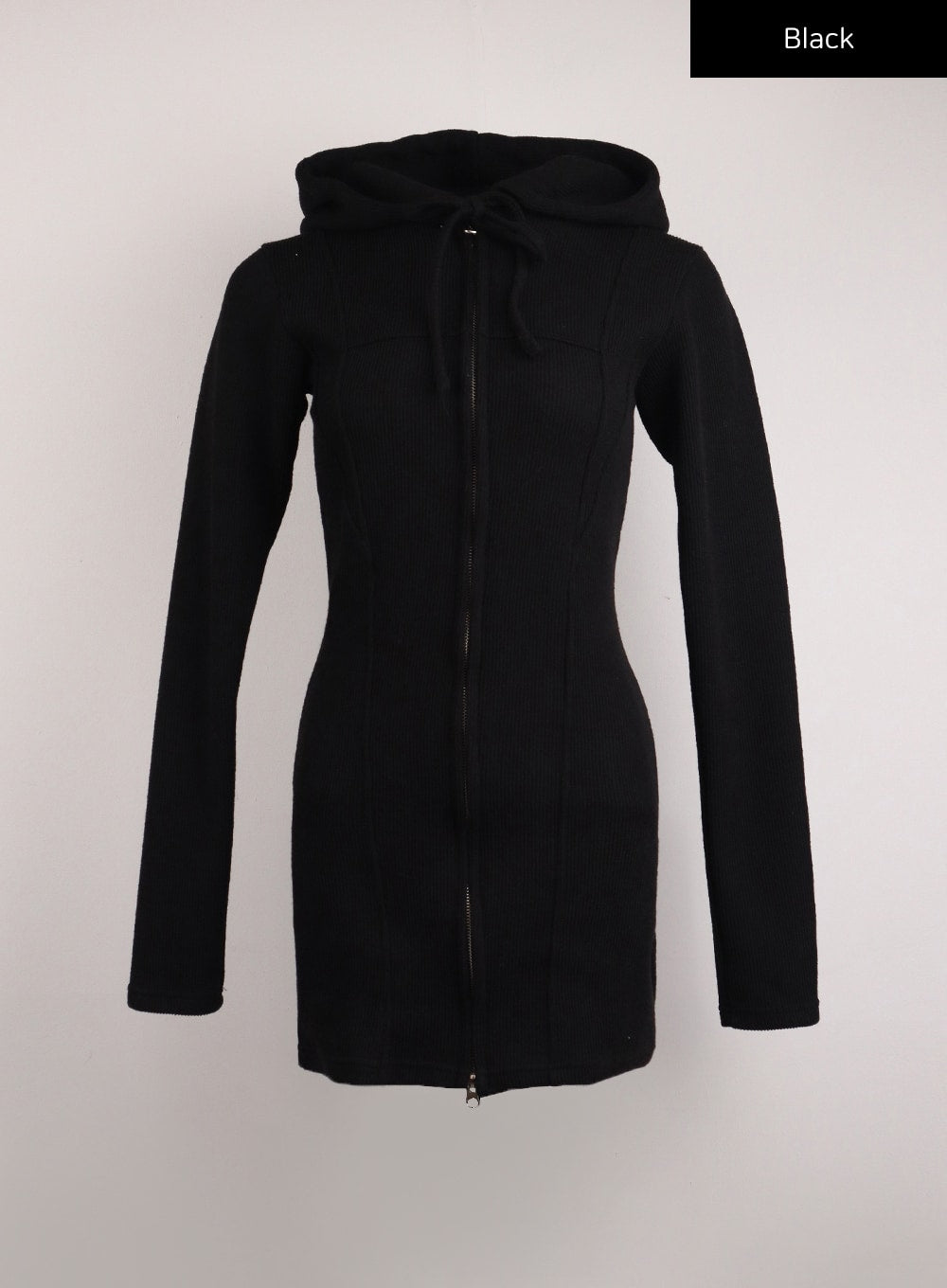 knit-drawstring-hoodie-mini-dress-ij411 / Black
