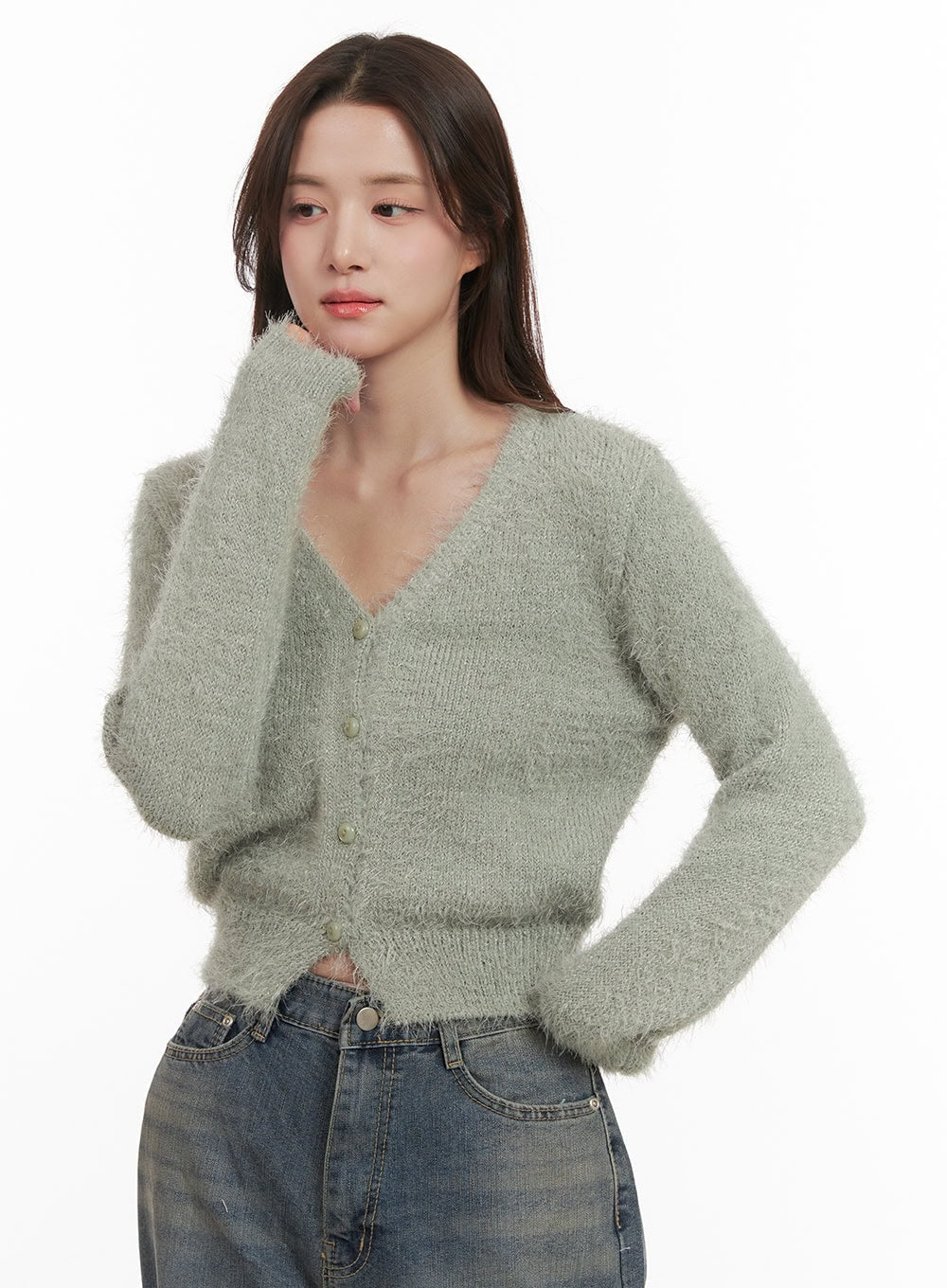 Fuzzy V-Neck Buttoned Crop Cardigan IJ510