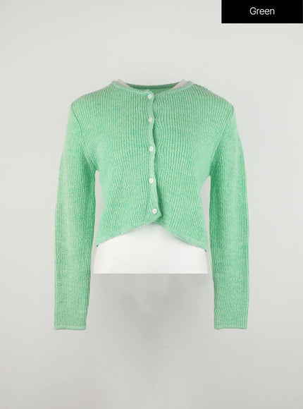 round-neck-ribbed-knit-cardigan-in328 / Green