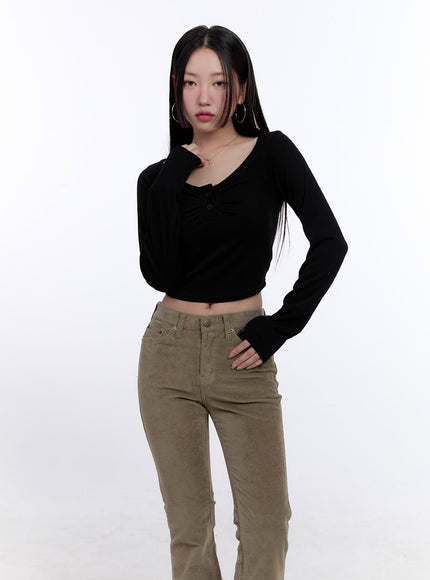 Shirred Long-Sleeve Buttoned Crop Tee CJ513