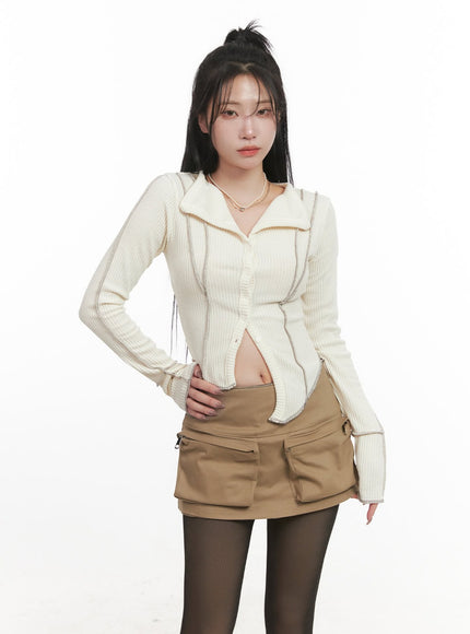 Stitched Collared Crop Cardigan CJ516