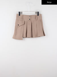 one-pocket-solid-mid-waist-pleated-mini-skirt-cd322 / Beige