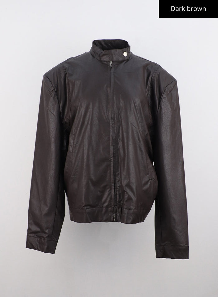 loose-fit-faux-leather-jacket-co323 / Dark brown