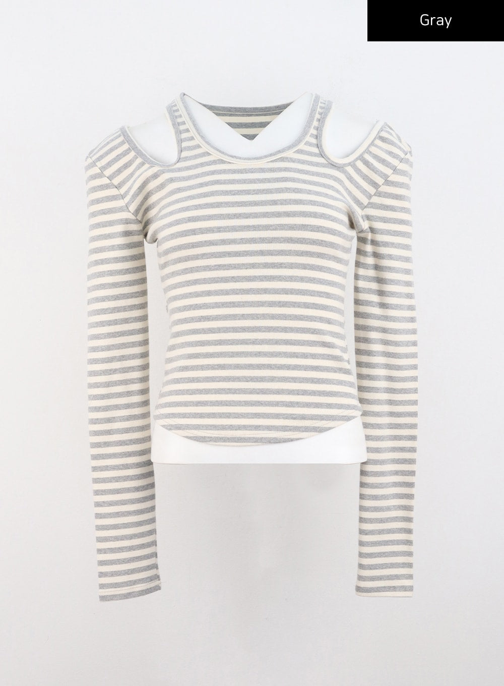 striped-v-neck-long-sleeve-cutout-top-co319 / Gray