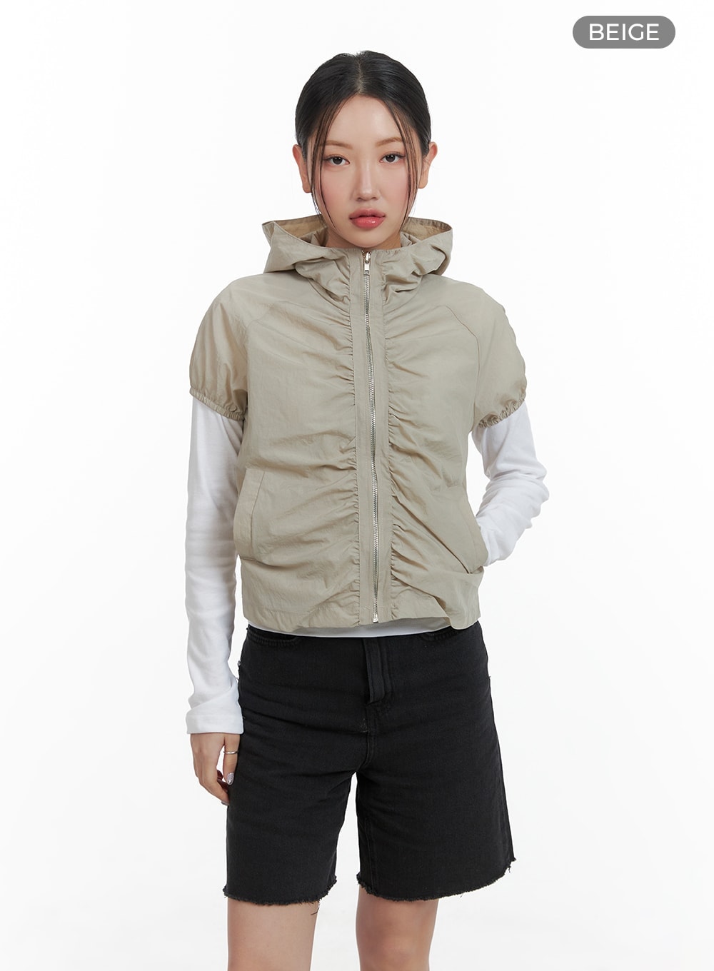 shirred-hooded-short-sleeve-nylon-jacket-ca415