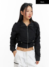 shirred-nylon-crop-jacket-cf414 / Black