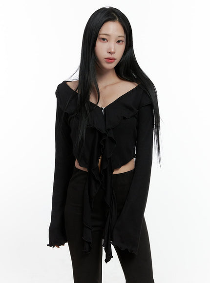 ruffle-v-neck-long-sleeve-crop-top-cn408 / Black