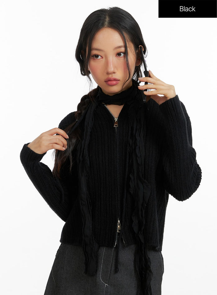 hooded-zip-up-knit-sweater-cf408 / Black