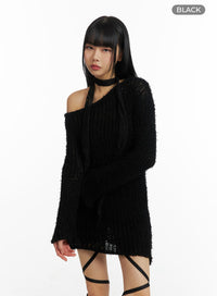 fuzzy-knit-asymmetrical-shoulder-mini-dress-cm406 / Black