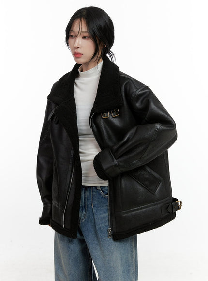 turtle-neck-zip-up-faux-fur-coat-cn408 / Black