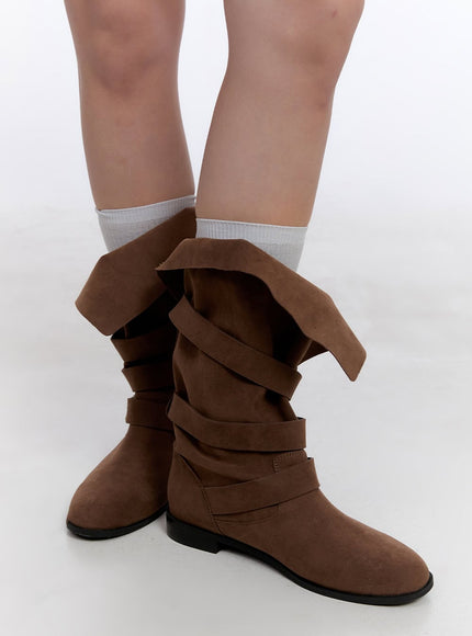 Triple Buckle Suede Mid-Calf Boots CJ511