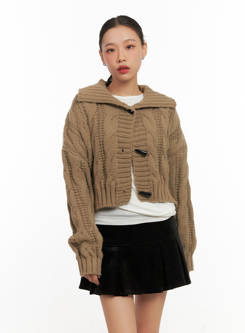 cable-knit-collar-crop-cardigan-cd410 / dark brown