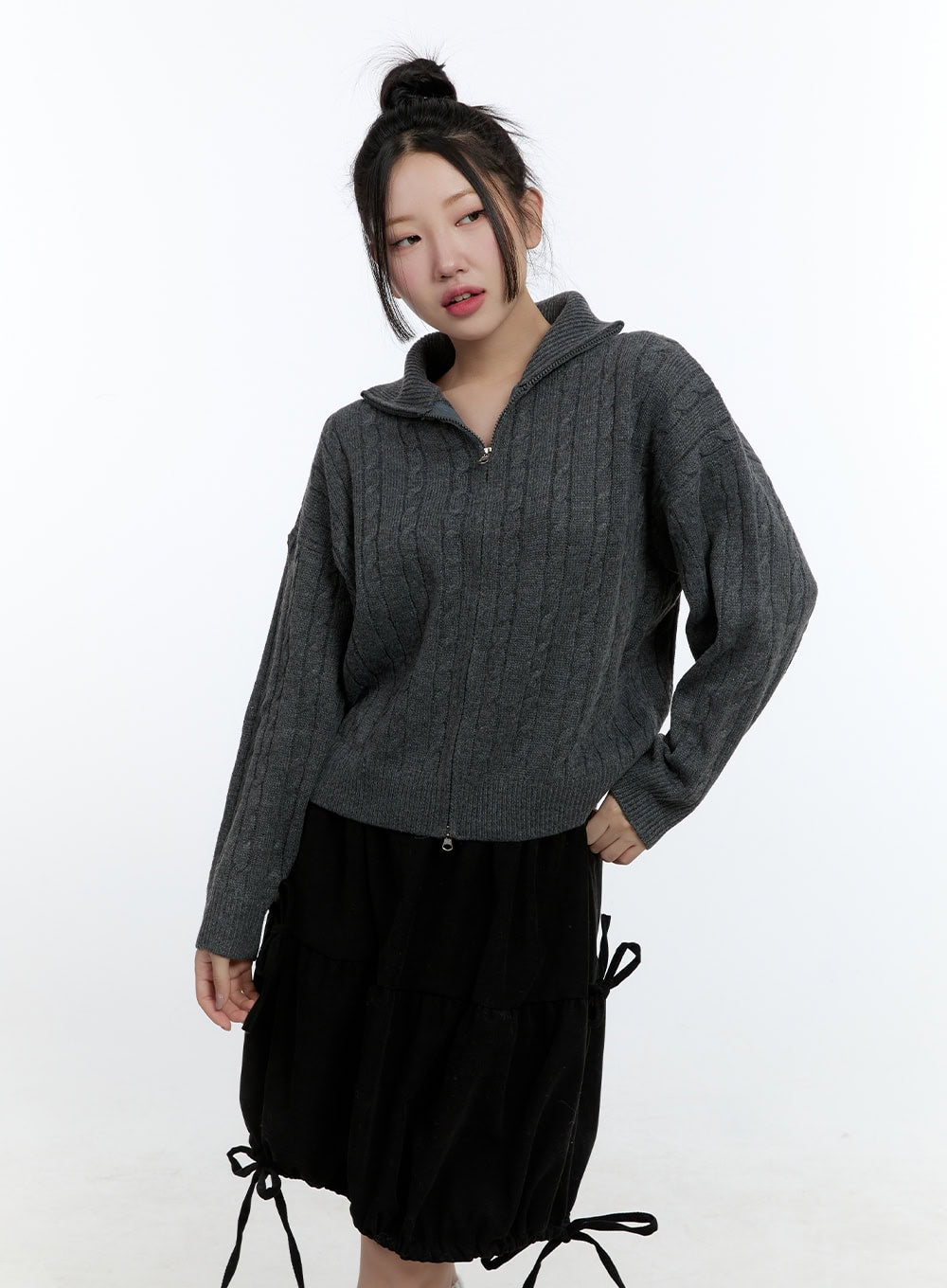 cable-knit-zip-up-cardigan-cd420 / Dark gray