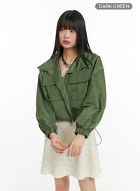 zip-up-crop-bomber-jacket-cf422 / Dark green