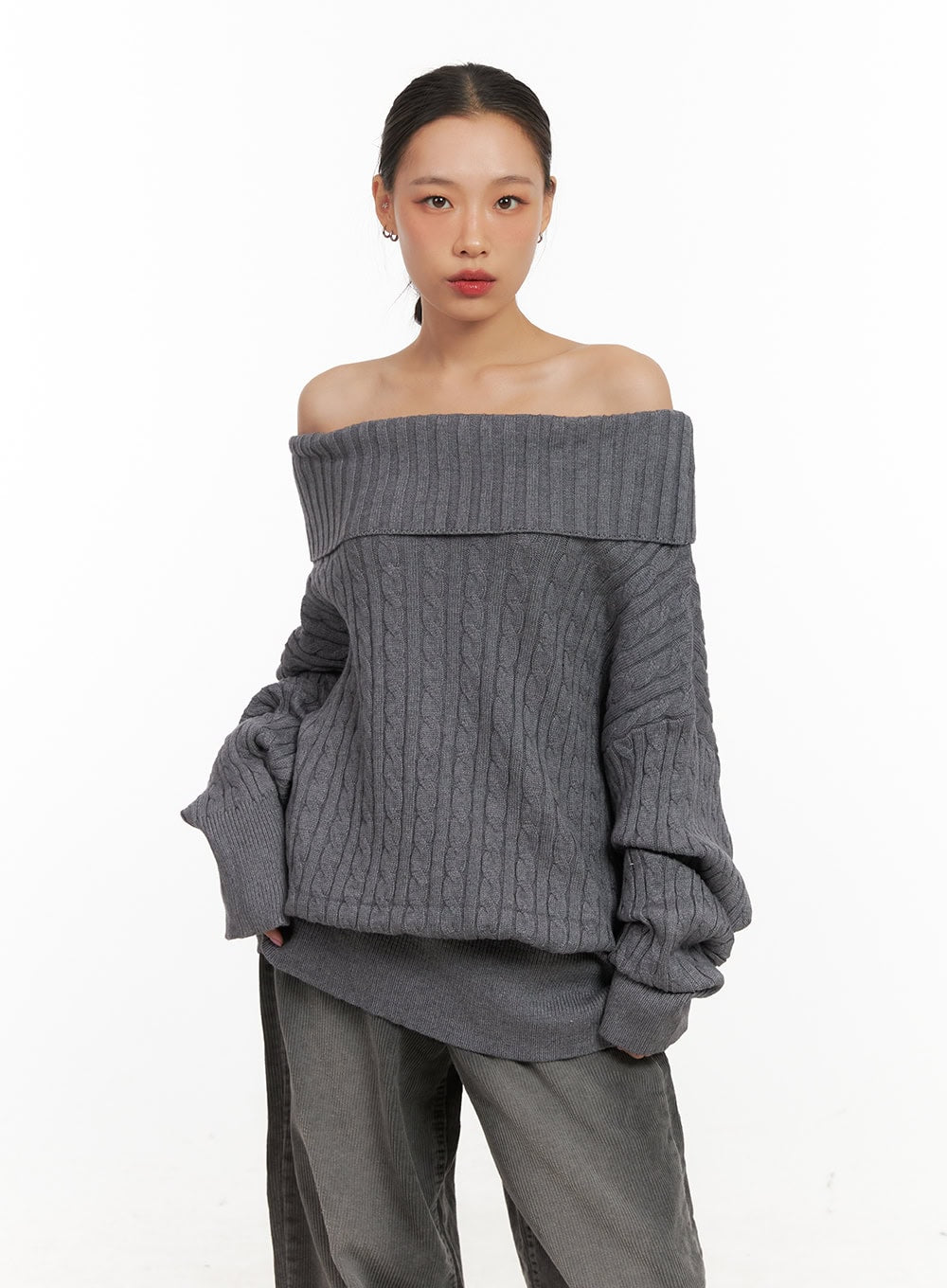 off-shoulder-long-sleeve-cable-sweater-cd410 / Gray