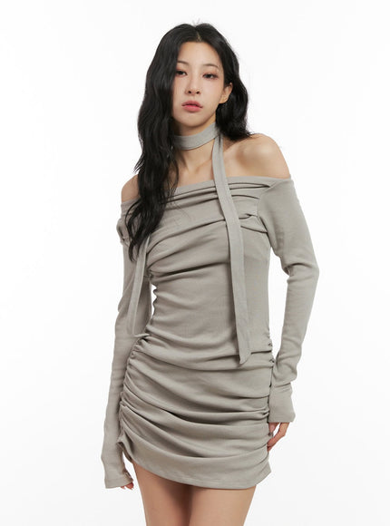 shirred-off-shoulder-mini-dress-cn416 / Gray