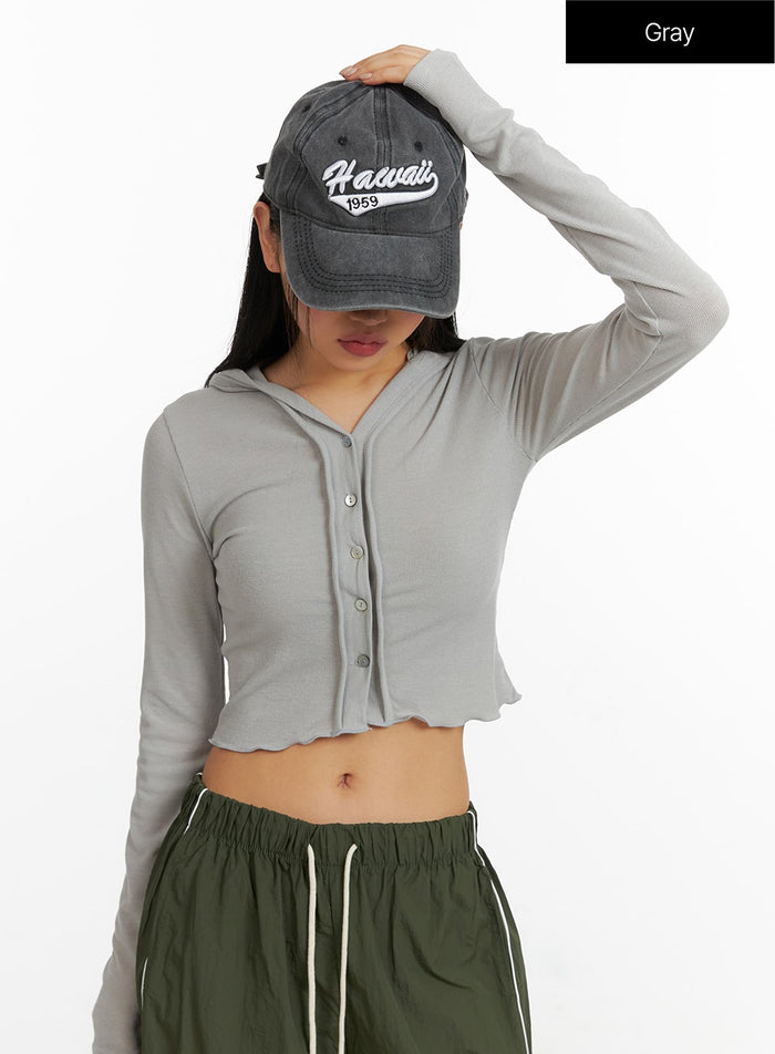 hooded-button-crop-top-cf414 / Gray
