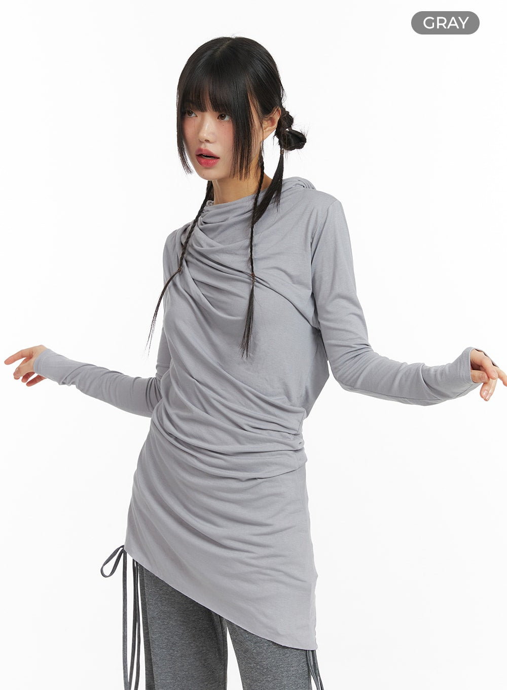 shirred-hooded-long-sleeve-dress-cf422 / Gray