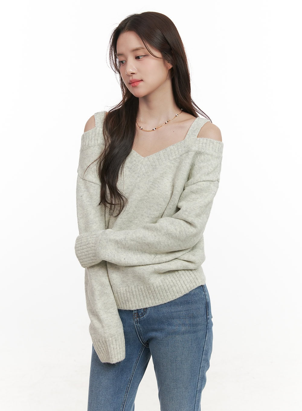 Off-Shoulder V-Neck Sweater with Straps CJ515