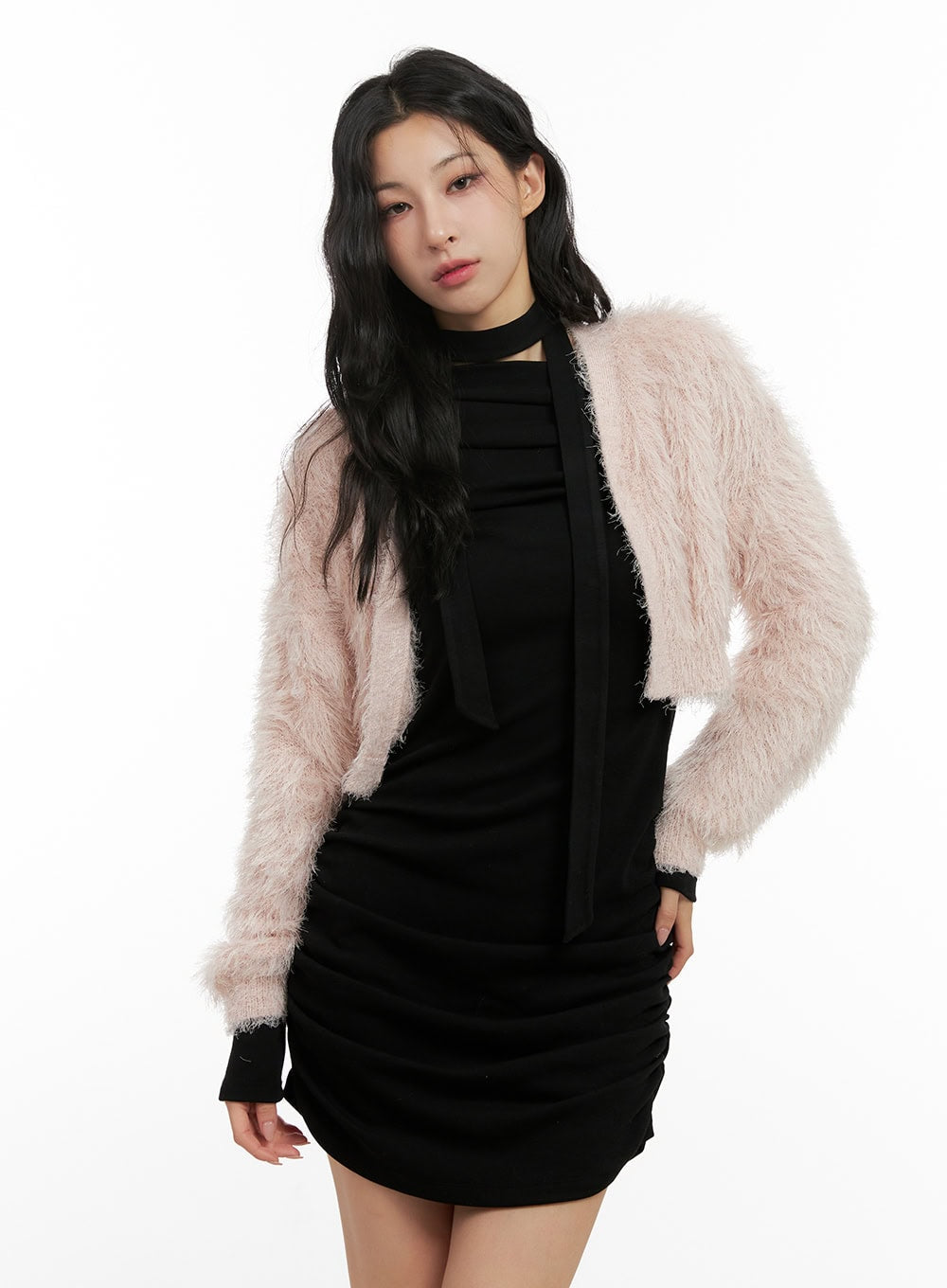 fuzzy-cropped-cardigan-cn416 / Pink