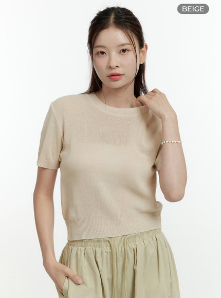 simple-short-sleeve-crop-top-ol430 / Beige