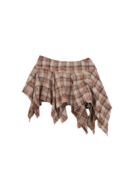 asymmetric-checkered-mini-skirt-cn426 / Beige