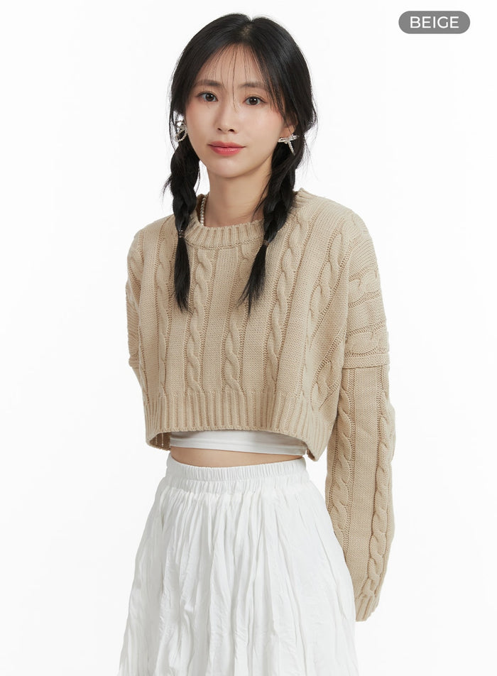 cable-knit-cropped-sweater-om412 / Beige