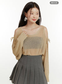 hollow-out-side-ribbon-knit-sweater-ou419 / Beige