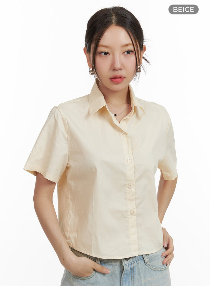 basic-collar-crop-shirt-ou403 / Beige