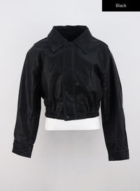 faux-leather-snap-button-jacket-co324 / Black